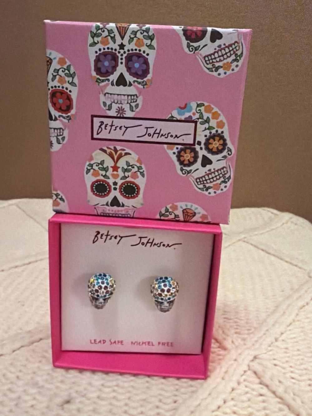 Betsey Johnson Pink Box Multicolor Crystal Skull Stud Earrings